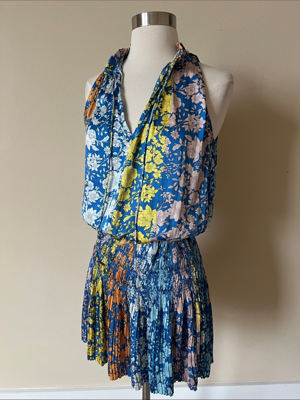 Current Air Floral Halter Tiered Mini Dress in Blue & Yellow